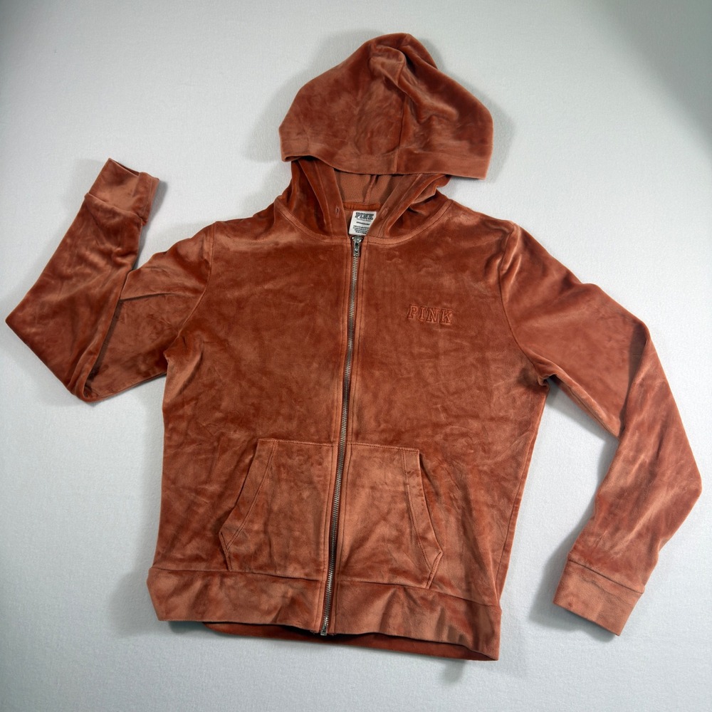 PINK Victoria's Secret Full Zip Hoodie Small Rust Orange Velour‎ Y2K Streetwear